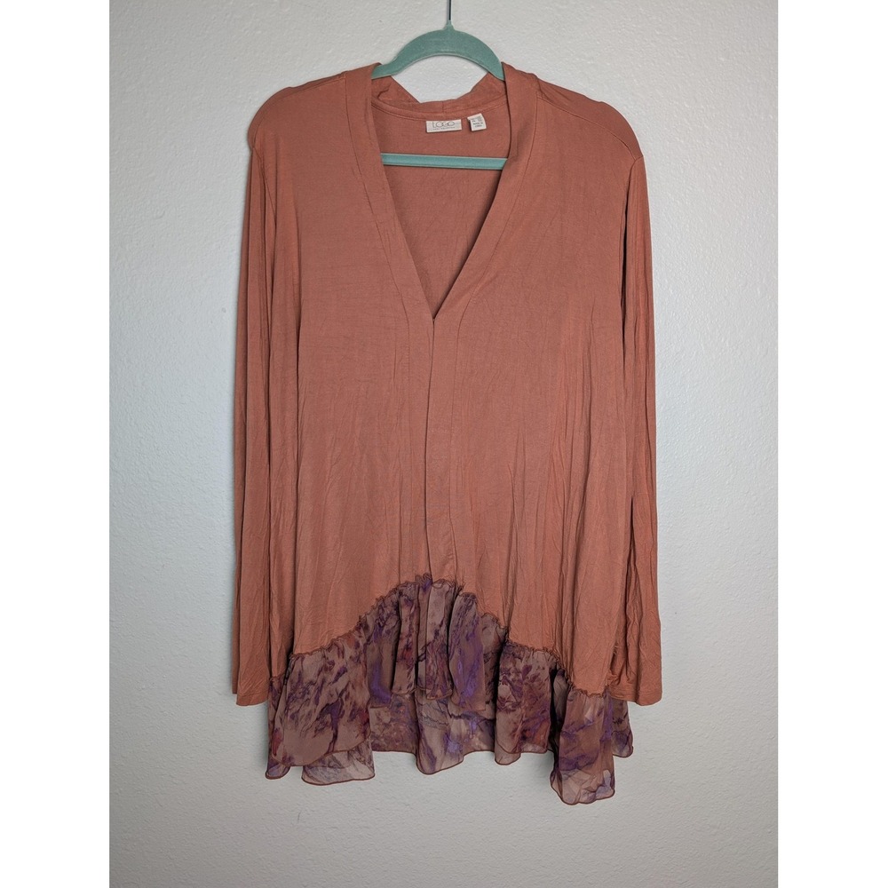 LOGO Lori Goldstein Shirt Womens‎ 2X Orange V Neck Ruffle Hem Tunic Top Sheer - Picture 2 of 9